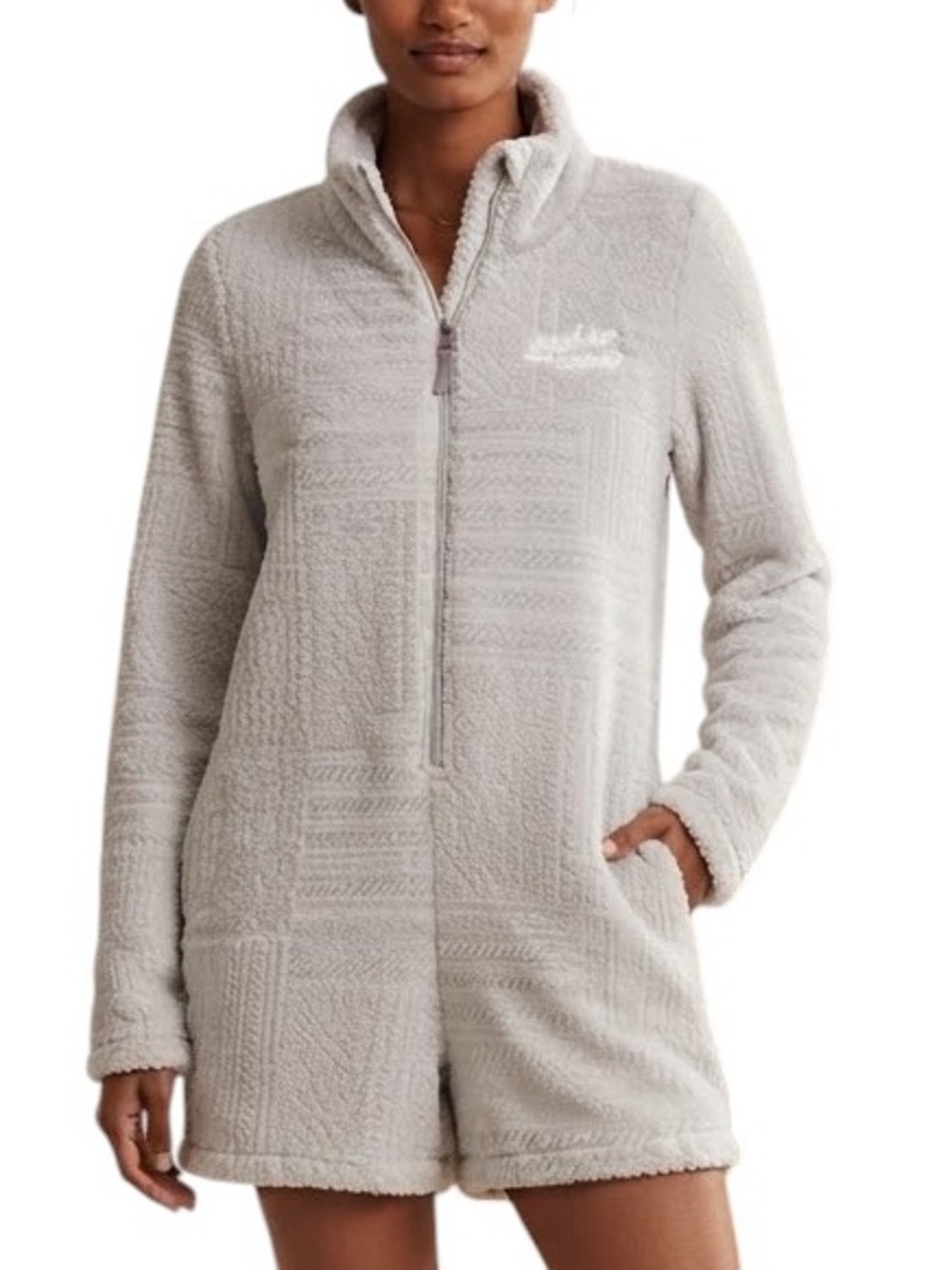 LA VIE EN ROSE Plush Wishes Pajama Fleece Hooded Romper Onesie Grey S